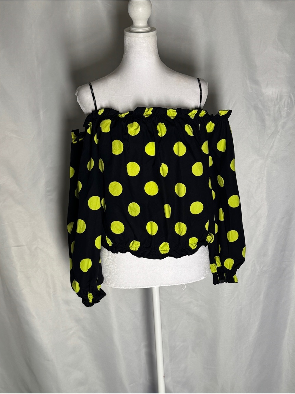GUESS Black Neon Green Polka Dot Off Shoulder Top